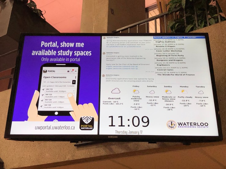An image of an information system displaying current events of relevance to Waterloo Engineering students.